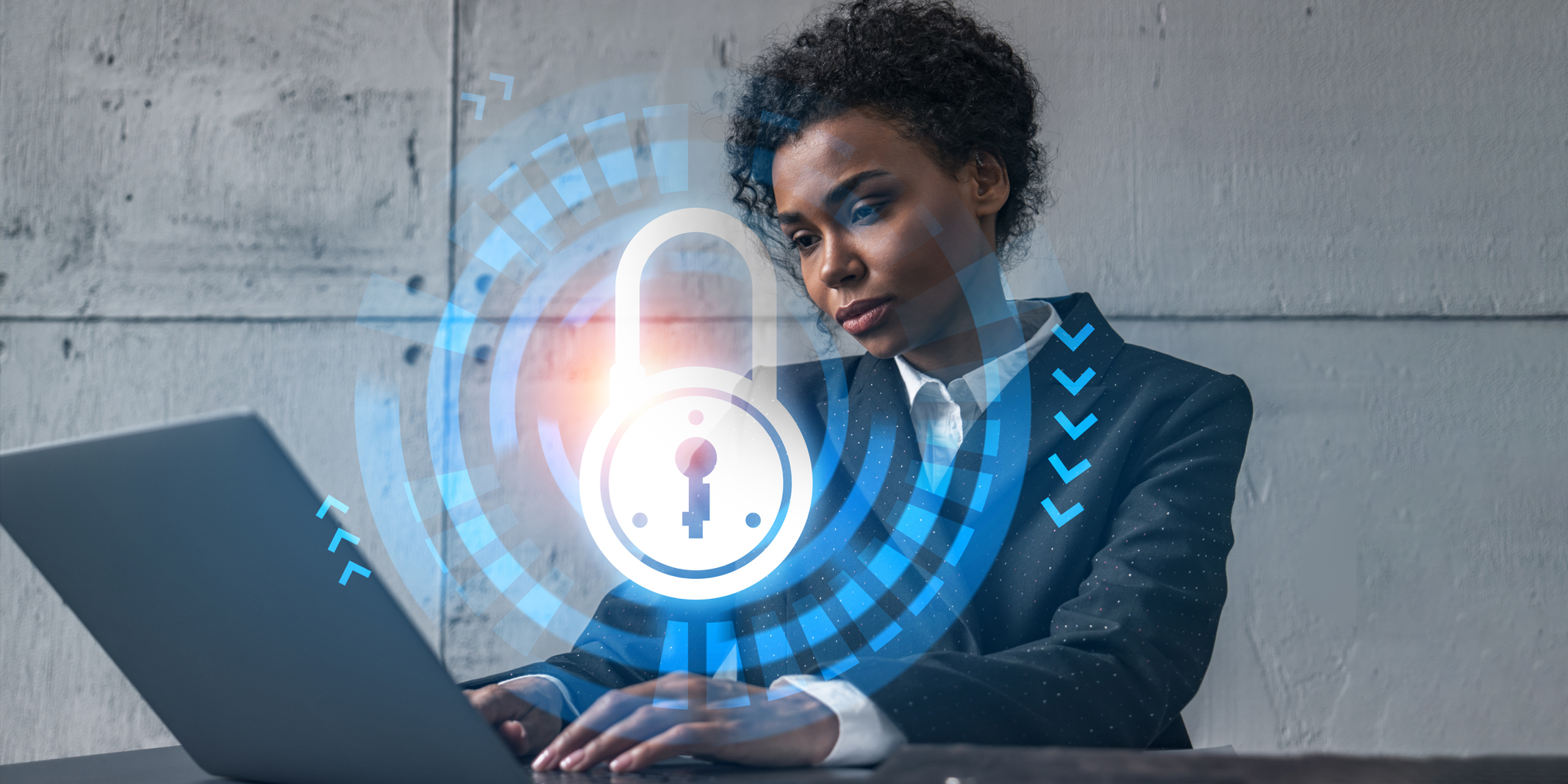 woman with a cyber security icon overlay
